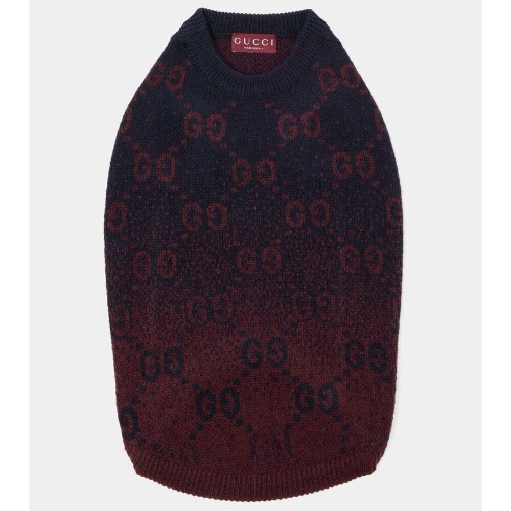 NWT Gucci Wool Jacquard Dog Sweater Sz XS Blue Red GG 100% Authentic